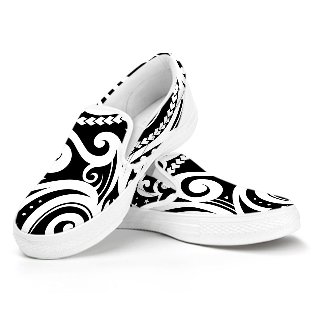 Black And White Polynesian Tattoo Print White Slip On Shoes