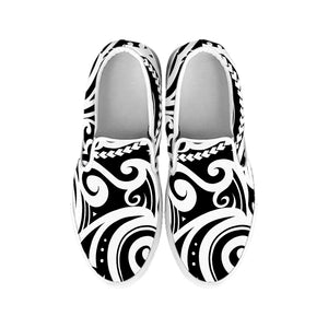 Black And White Polynesian Tattoo Print White Slip On Shoes
