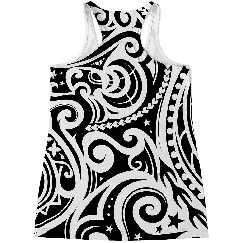 Black And White Polynesian Tattoo Print Women's Racerback Tank Top