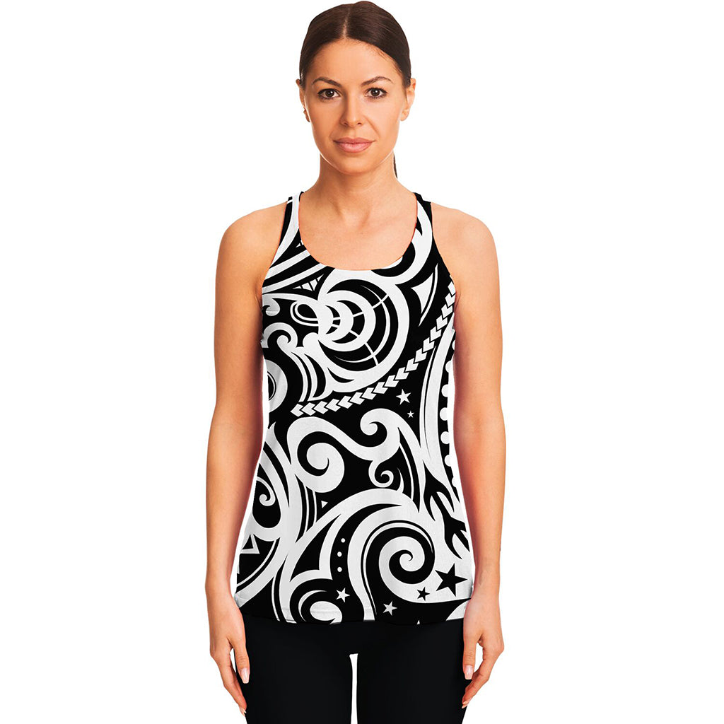 Black And White Polynesian Tattoo Print Women's Racerback Tank Top