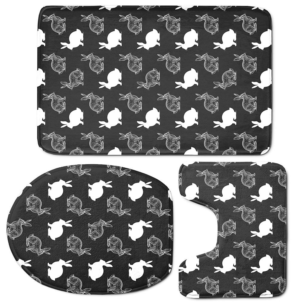 Black And White Rabbit Pattern Print 3 Piece Bath Mat Set