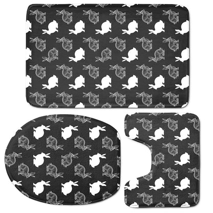 Black And White Rabbit Pattern Print 3 Piece Bath Mat Set
