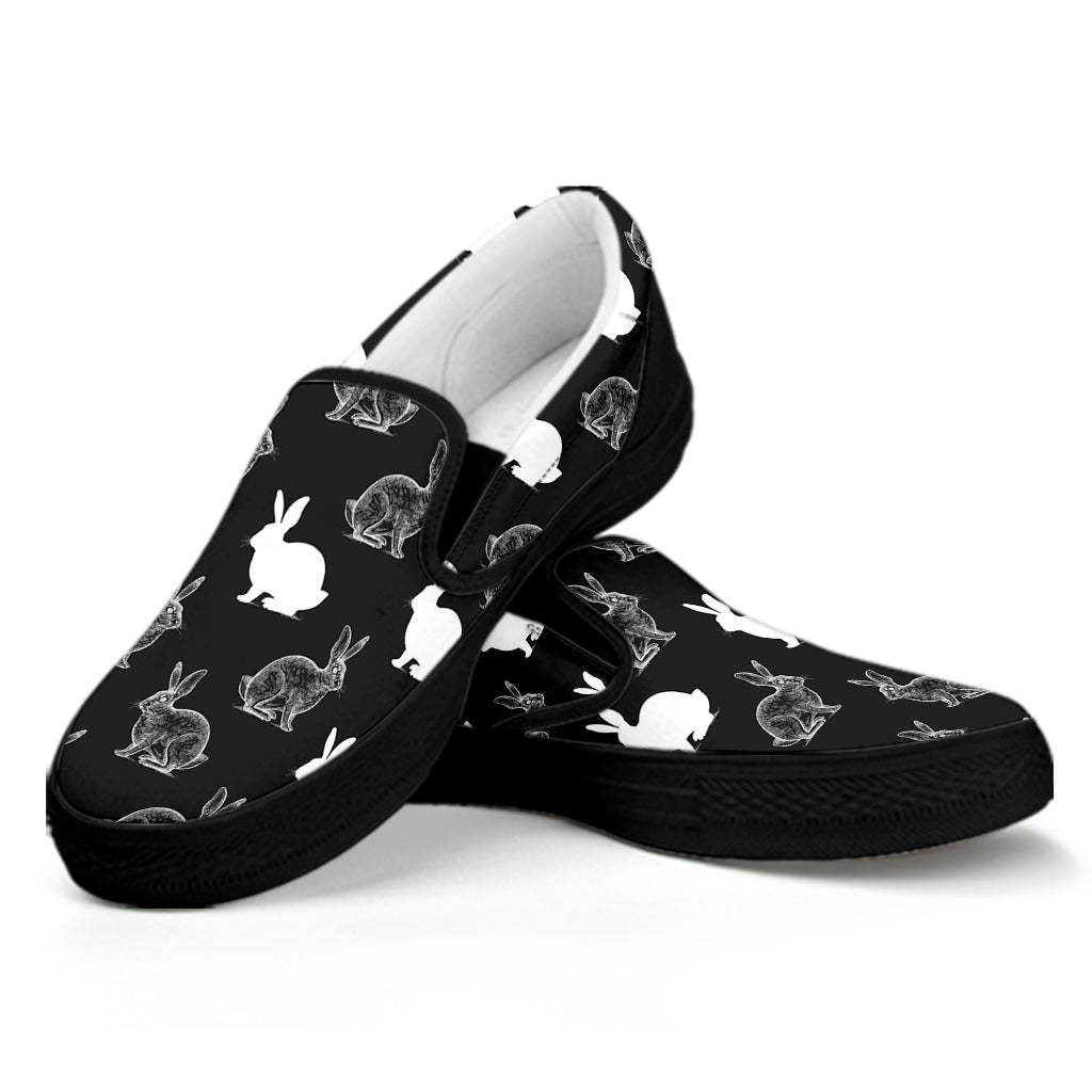 Black And White Rabbit Pattern Print Black Slip On Shoes