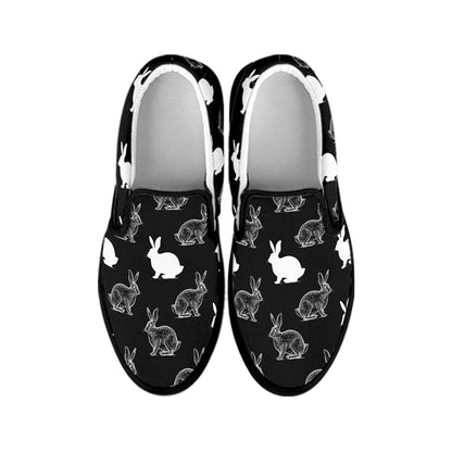 Black And White Rabbit Pattern Print Black Slip On Shoes