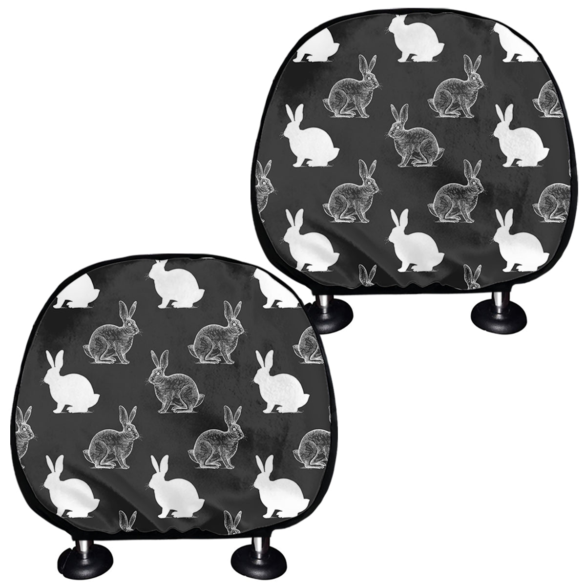 Black And White Rabbit Pattern Print Car Headrest Covers