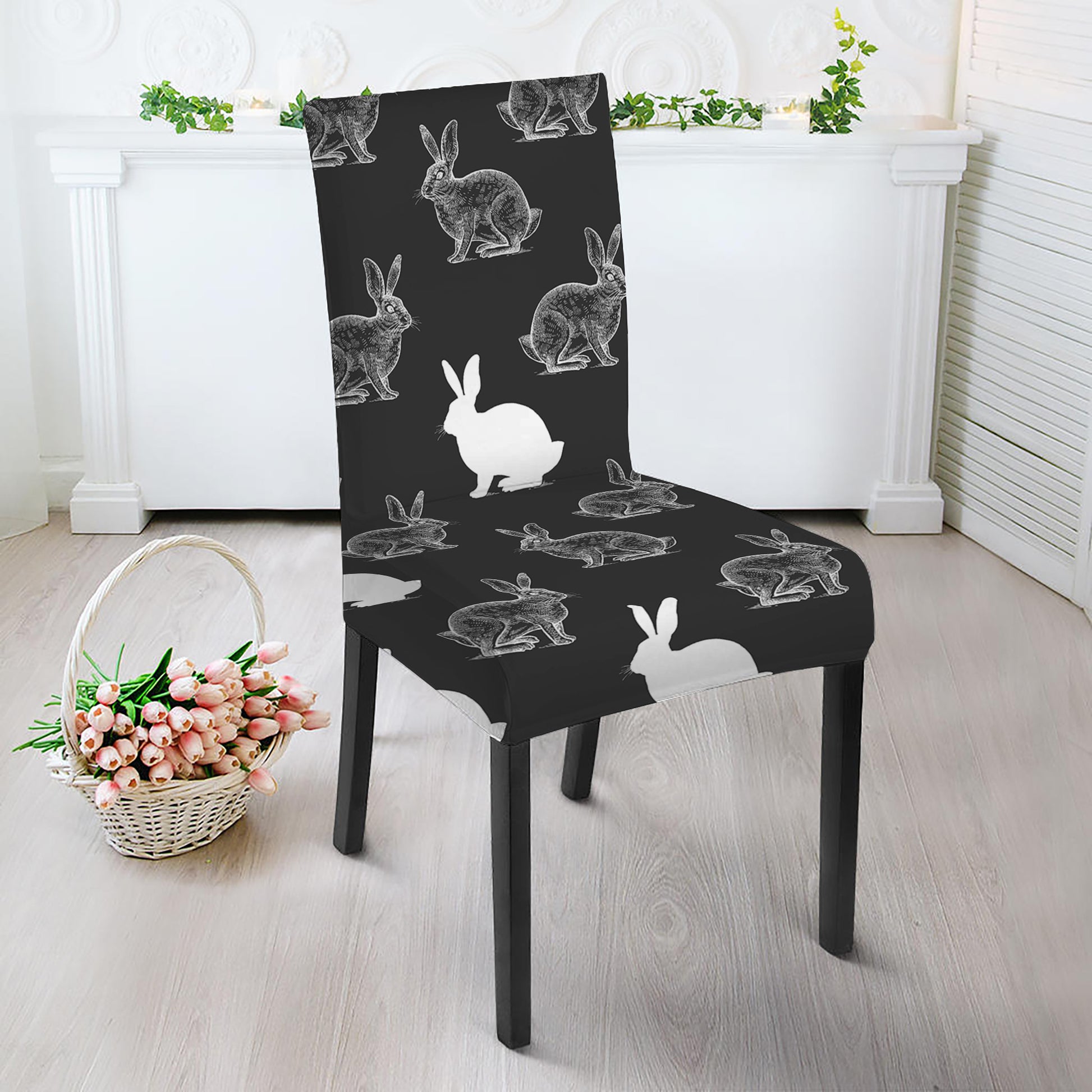 Black And White Rabbit Pattern Print Dining Chair Slipcover