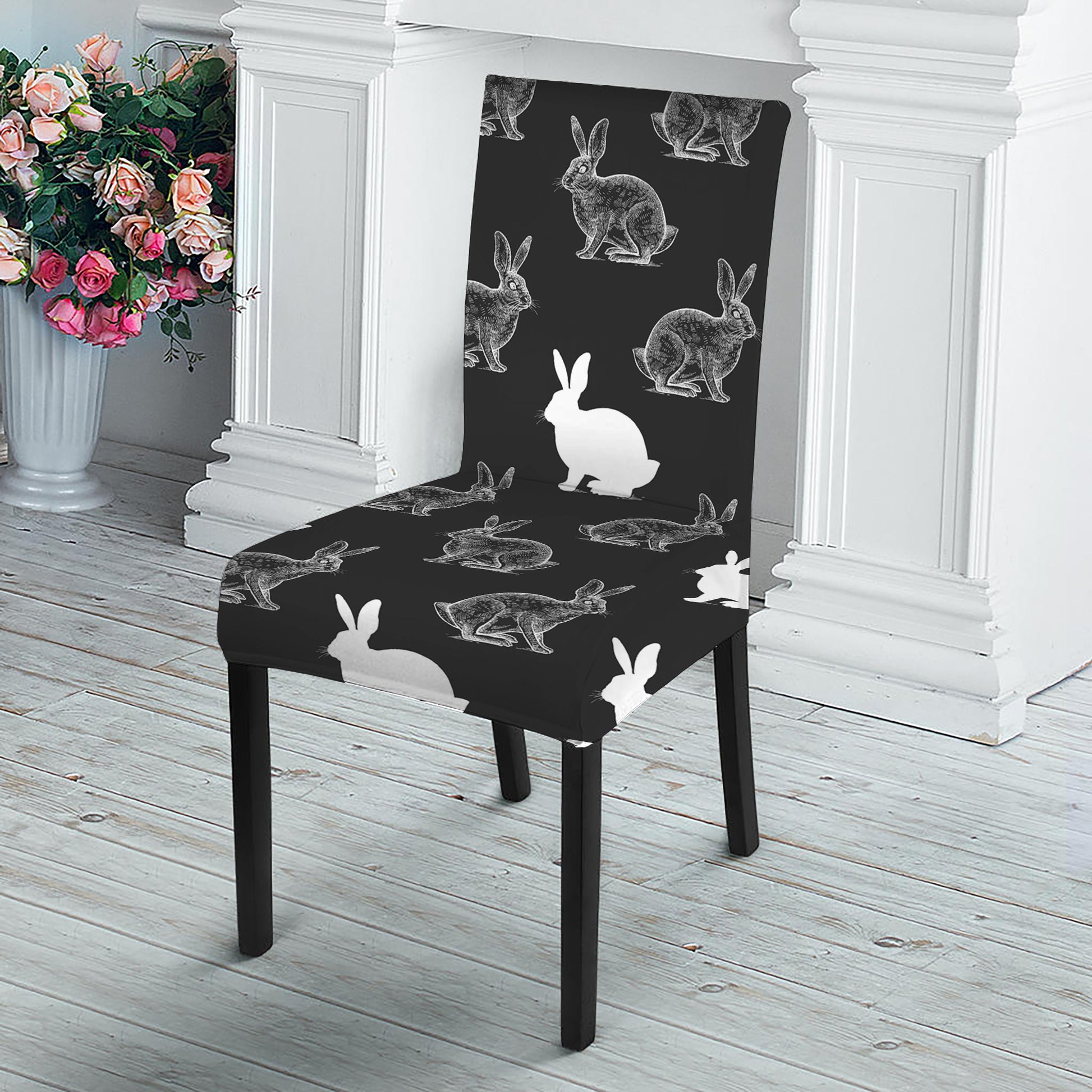 Black And White Rabbit Pattern Print Dining Chair Slipcover
