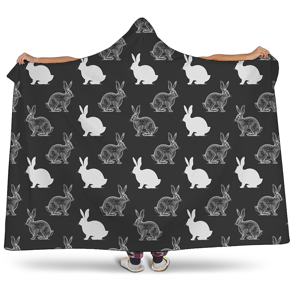 Black And White Rabbit Pattern Print Hooded Blanket