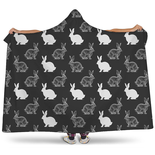 Black And White Rabbit Pattern Print Hooded Blanket