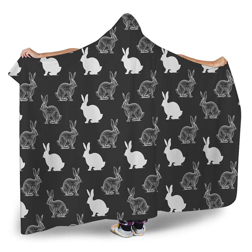 Black And White Rabbit Pattern Print Hooded Blanket