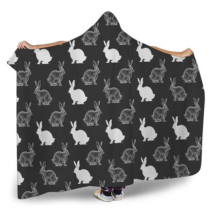 Black And White Rabbit Pattern Print Hooded Blanket