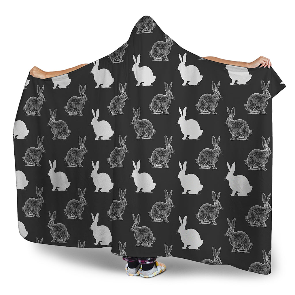 Black And White Rabbit Pattern Print Hooded Blanket