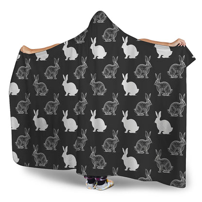 Black And White Rabbit Pattern Print Hooded Blanket