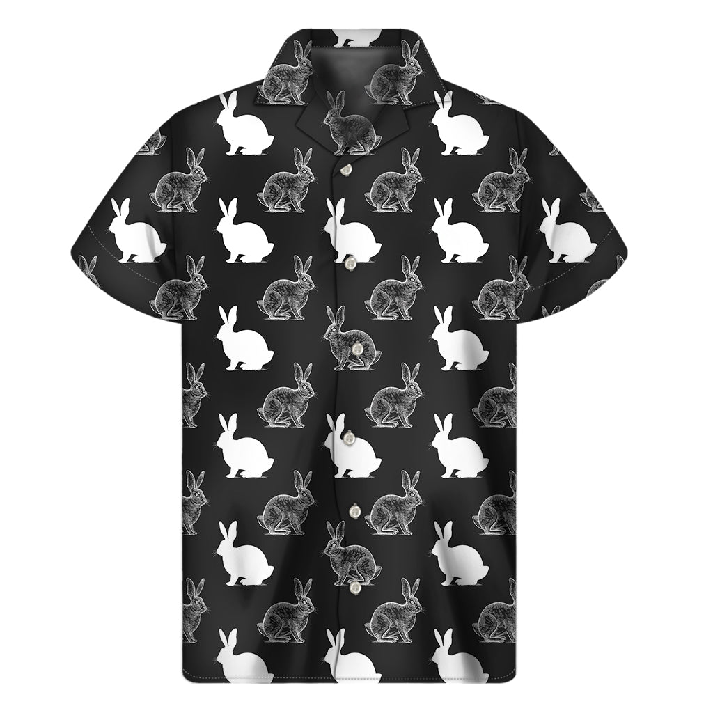 Black And White Rabbit Pattern Print Men's Short Sleeve Shirt