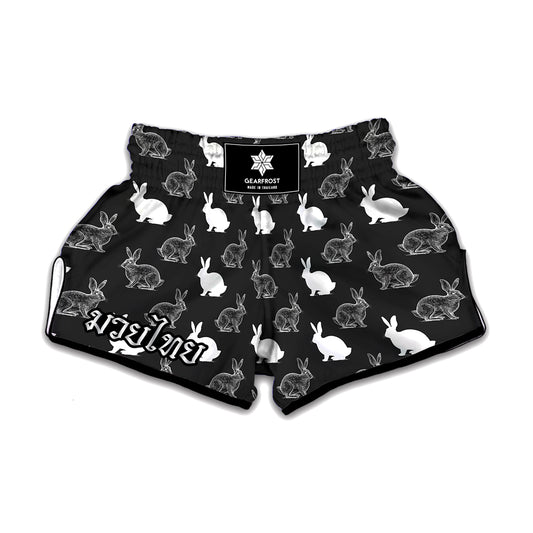 Black And White Rabbit Pattern Print Muay Thai Boxing Shorts