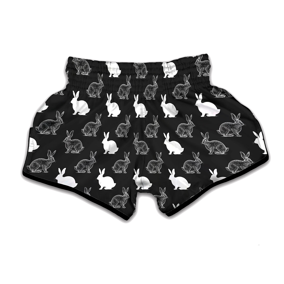 Black And White Rabbit Pattern Print Muay Thai Boxing Shorts