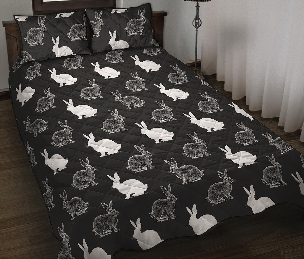 Black And White Rabbit Pattern Print Quilt Bed Set