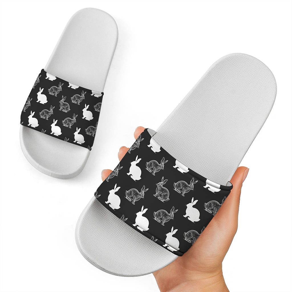 Black And White Rabbit Pattern Print White Slide Sandals