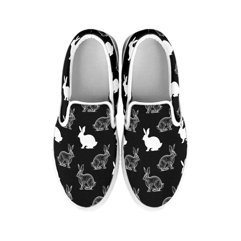 Black And White Rabbit Pattern Print White Slip On Shoes