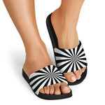 Black And White Radial Rays Print Black Slide Sandals