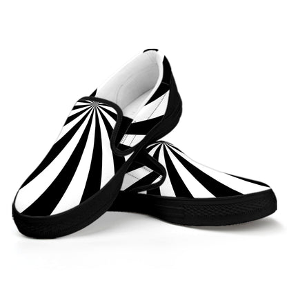 Black And White Radial Rays Print Black Slip On Shoes