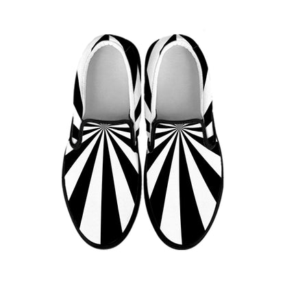 Black And White Radial Rays Print Black Slip On Shoes