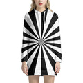 Black And White Radial Rays Print Pullover Hoodie Dress