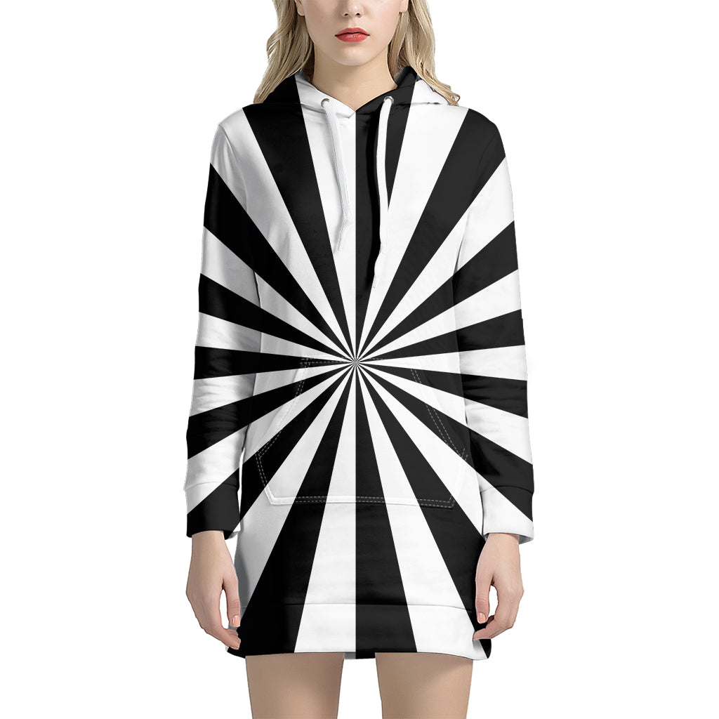 Black And White Radial Rays Print Hoodie Dress