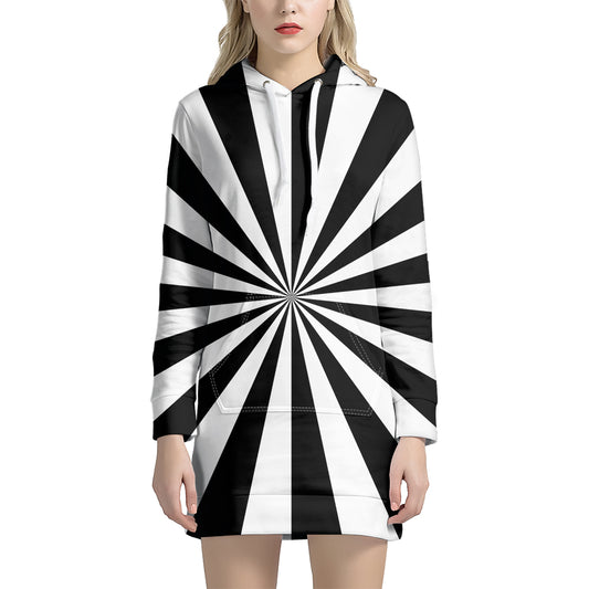 Black And White Radial Rays Print Hoodie Dress