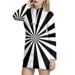 Black And White Radial Rays Print Hoodie Dress
