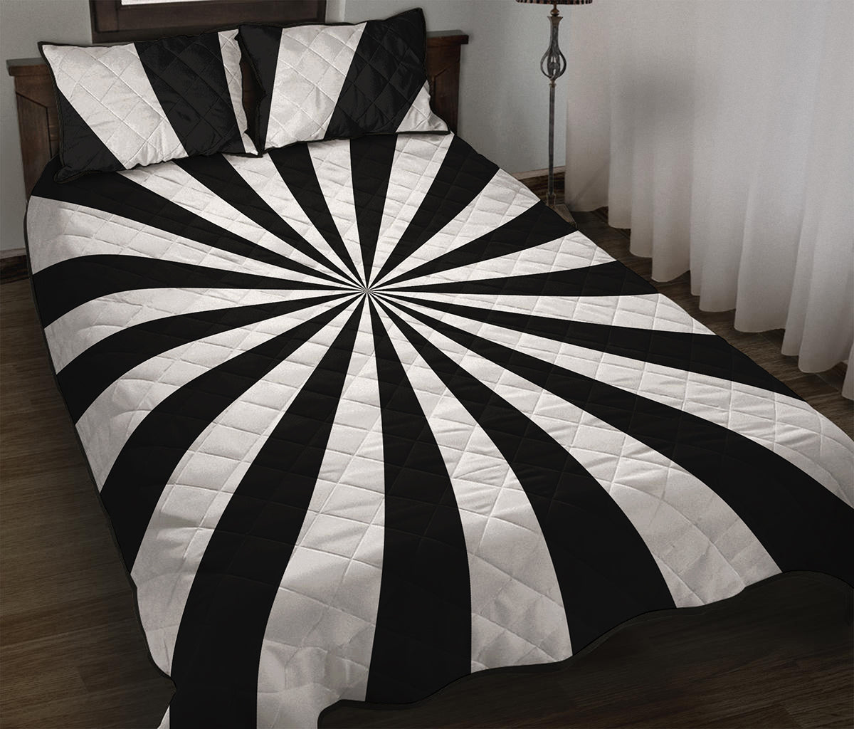 Black And White Radial Rays Print Quilt Bed Set
