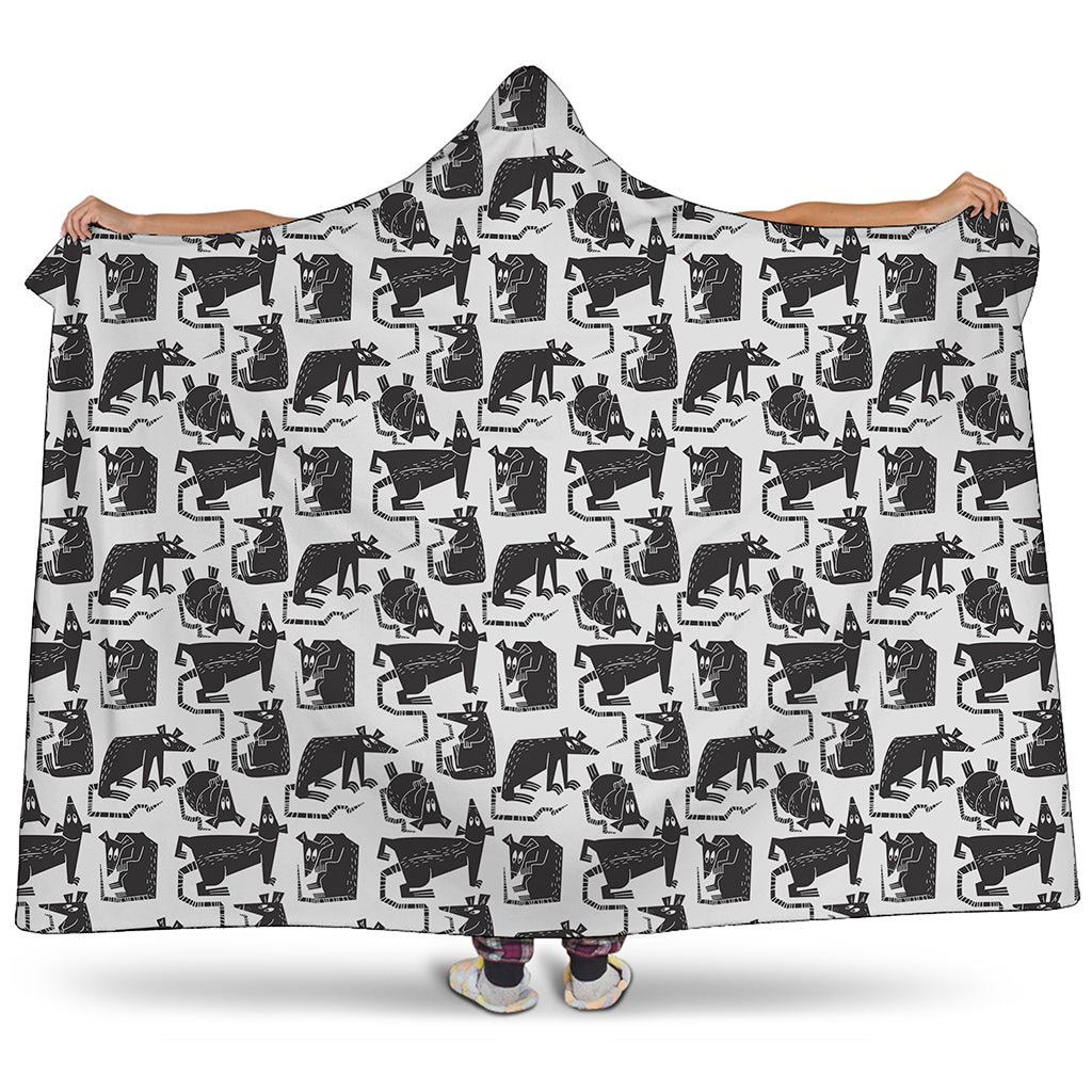 Black And White Rat Pattern Print Hooded Blanket