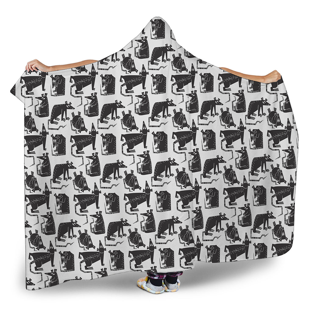 Black And White Rat Pattern Print Hooded Blanket