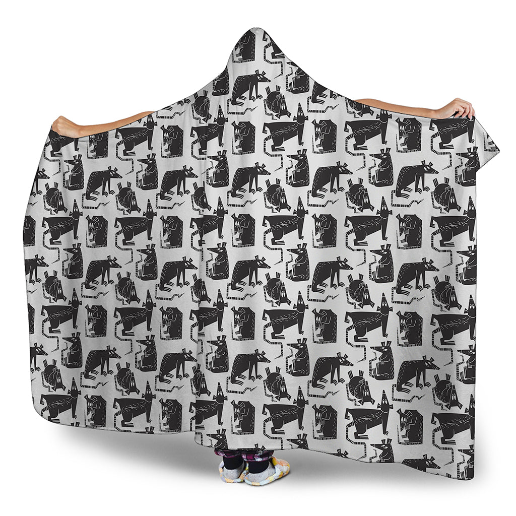 Black And White Rat Pattern Print Hooded Blanket