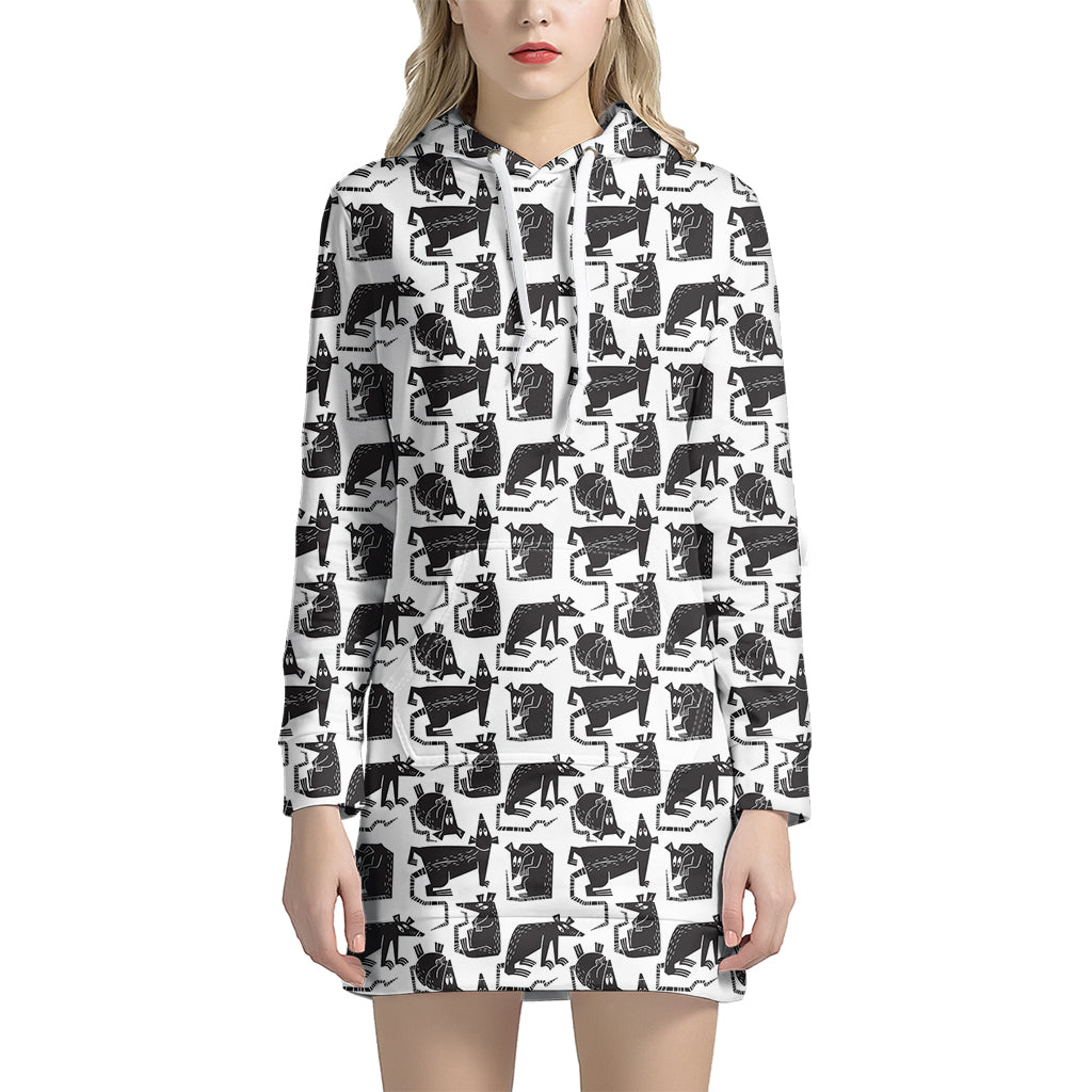 Black And White Rat Pattern Print Hoodie Dress