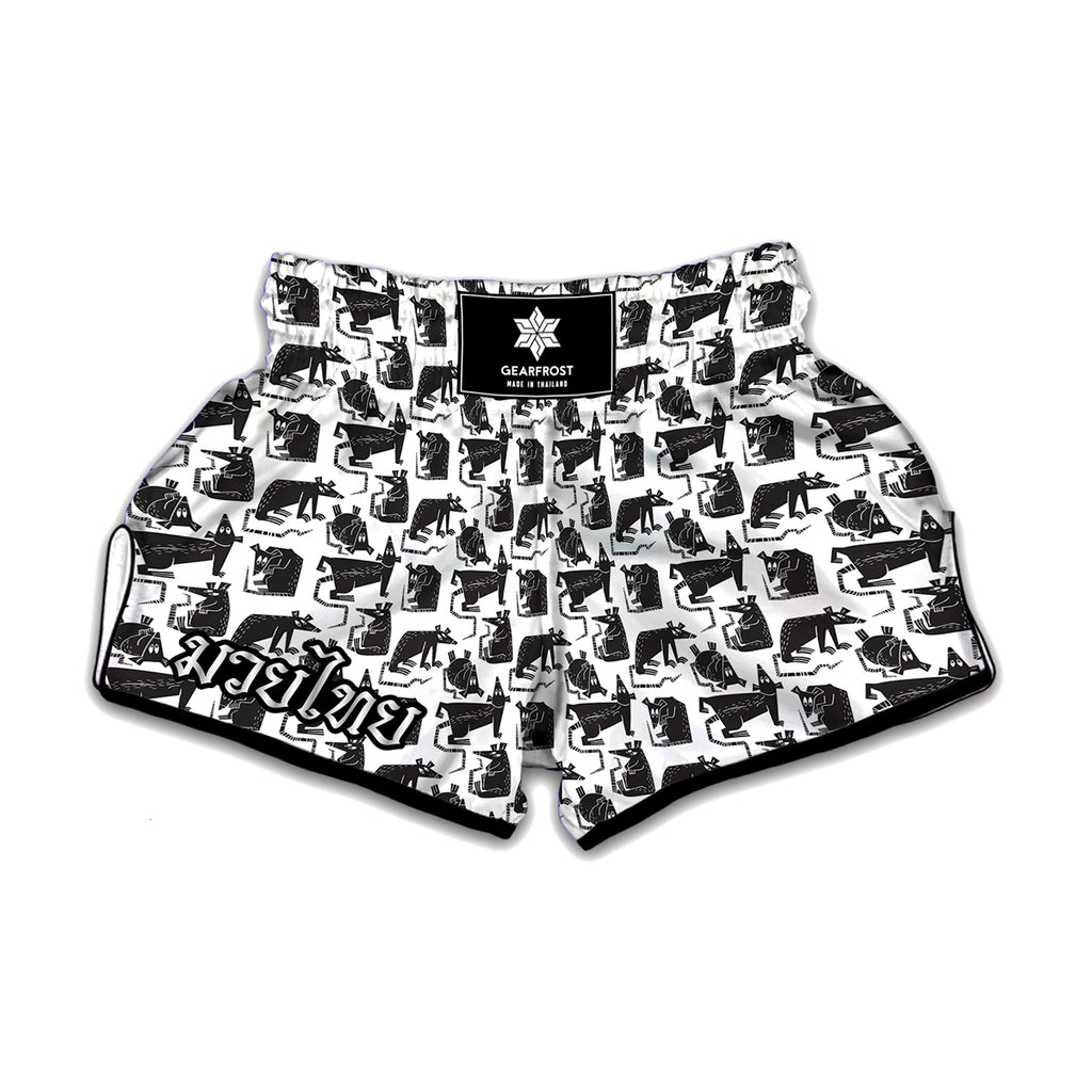 Black And White Rat Pattern Print Muay Thai Boxing Shorts