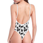 Black And White Rat Pattern Print One Piece High Cut Swimsuit