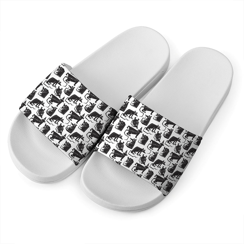 Black And White Rat Pattern Print White Slide Sandals