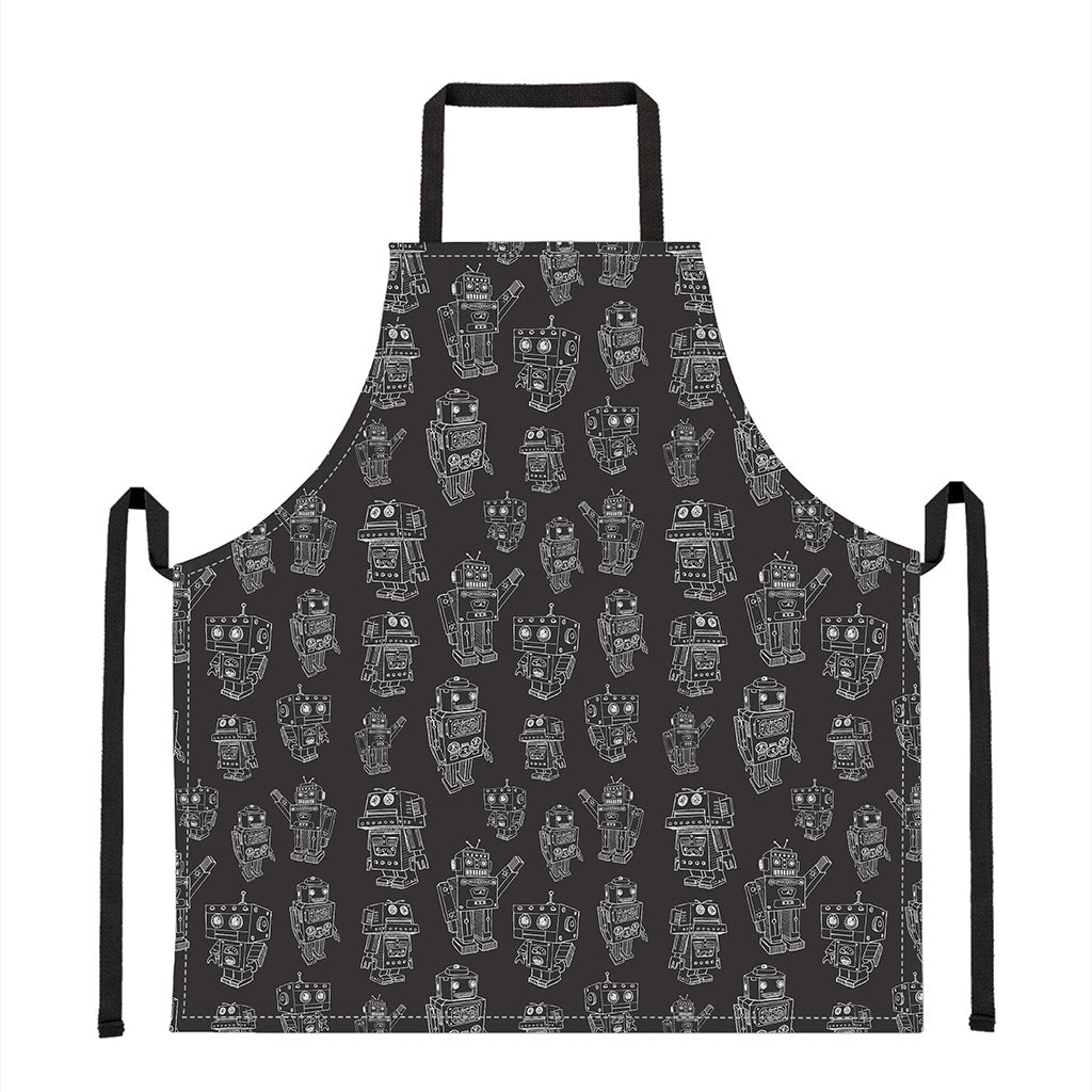 Black And White Robot Pattern Print Apron