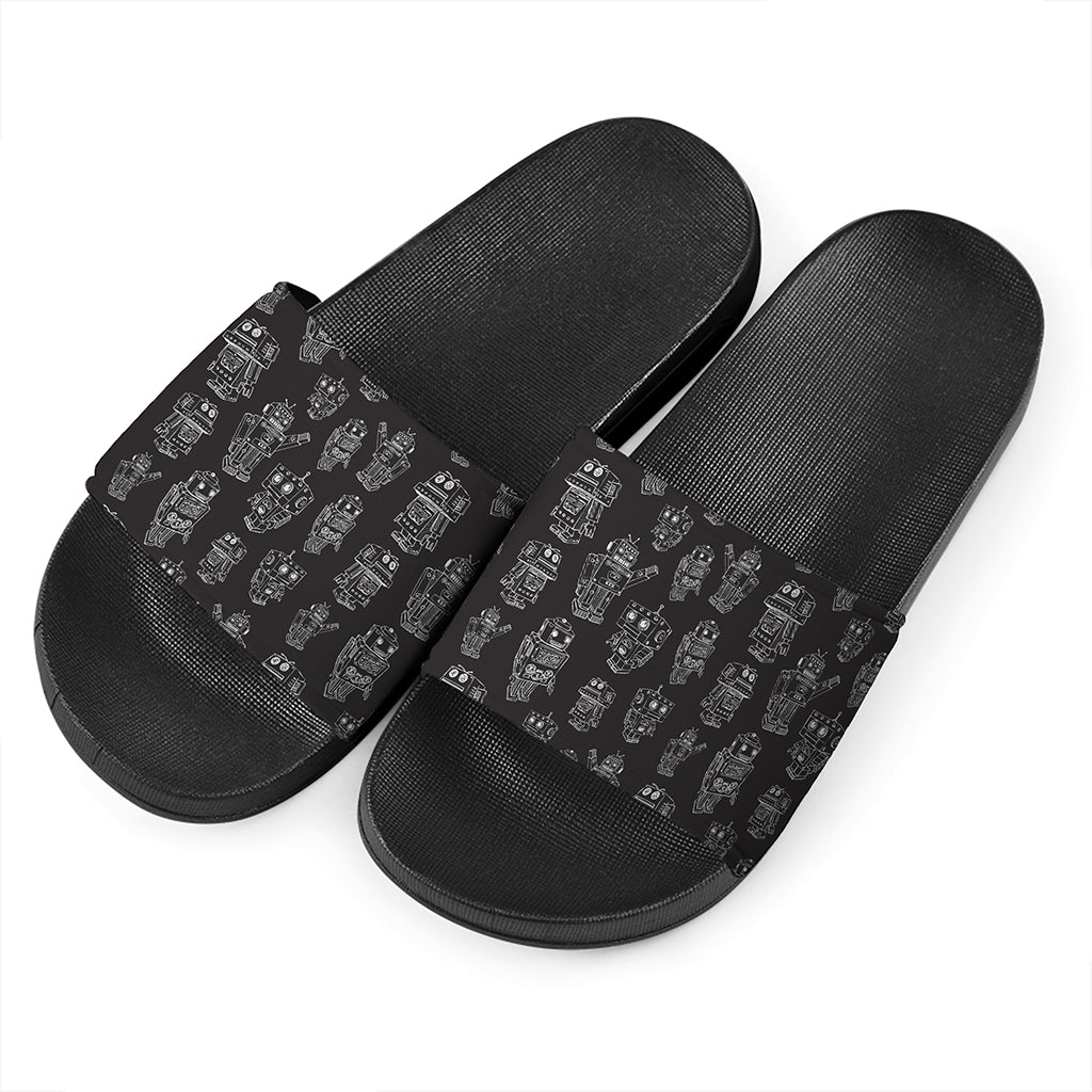 Black And White Robot Pattern Print Black Slide Sandals