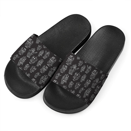 Black And White Robot Pattern Print Black Slide Sandals