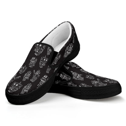 Black And White Robot Pattern Print Black Slip On Shoes