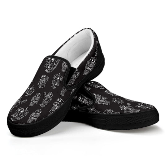 Black And White Robot Pattern Print Black Slip On Shoes