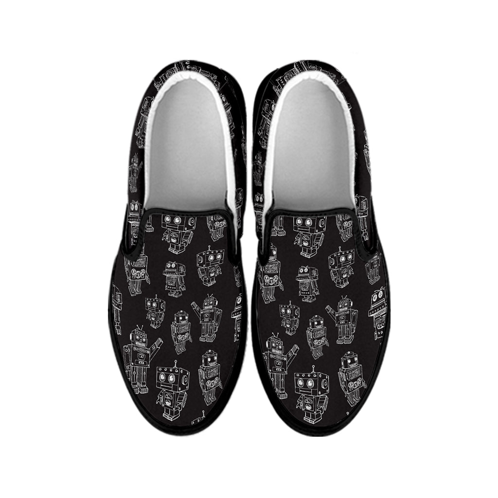 Black And White Robot Pattern Print Black Slip On Shoes