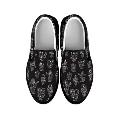 Black And White Robot Pattern Print Black Slip On Shoes