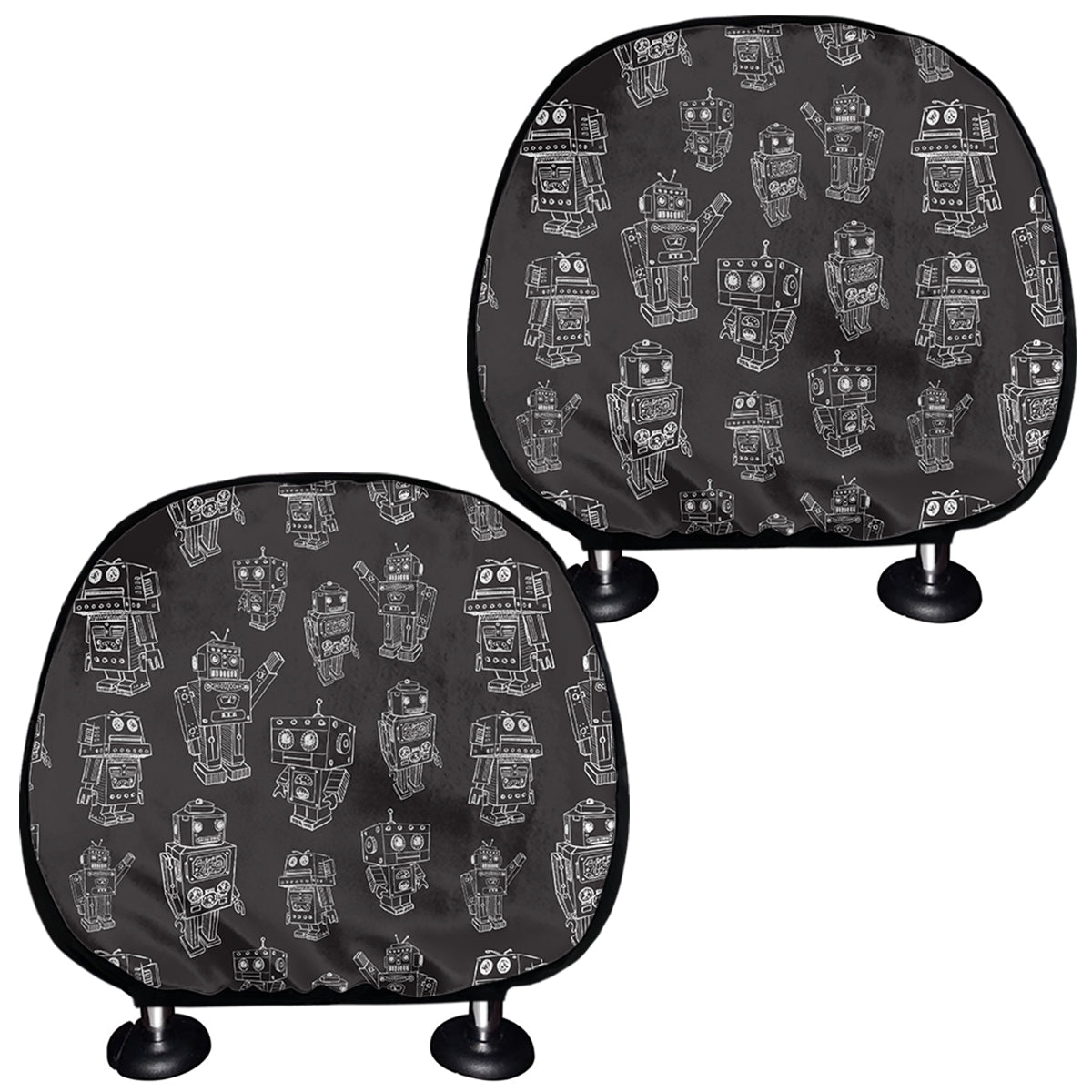 Black And White Robot Pattern Print Car Headrest Covers