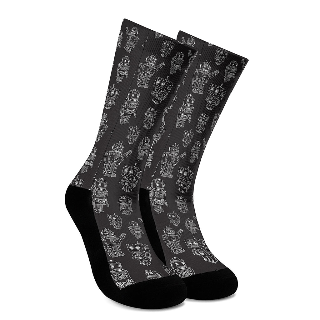 Black And White Robot Pattern Print Crew Socks