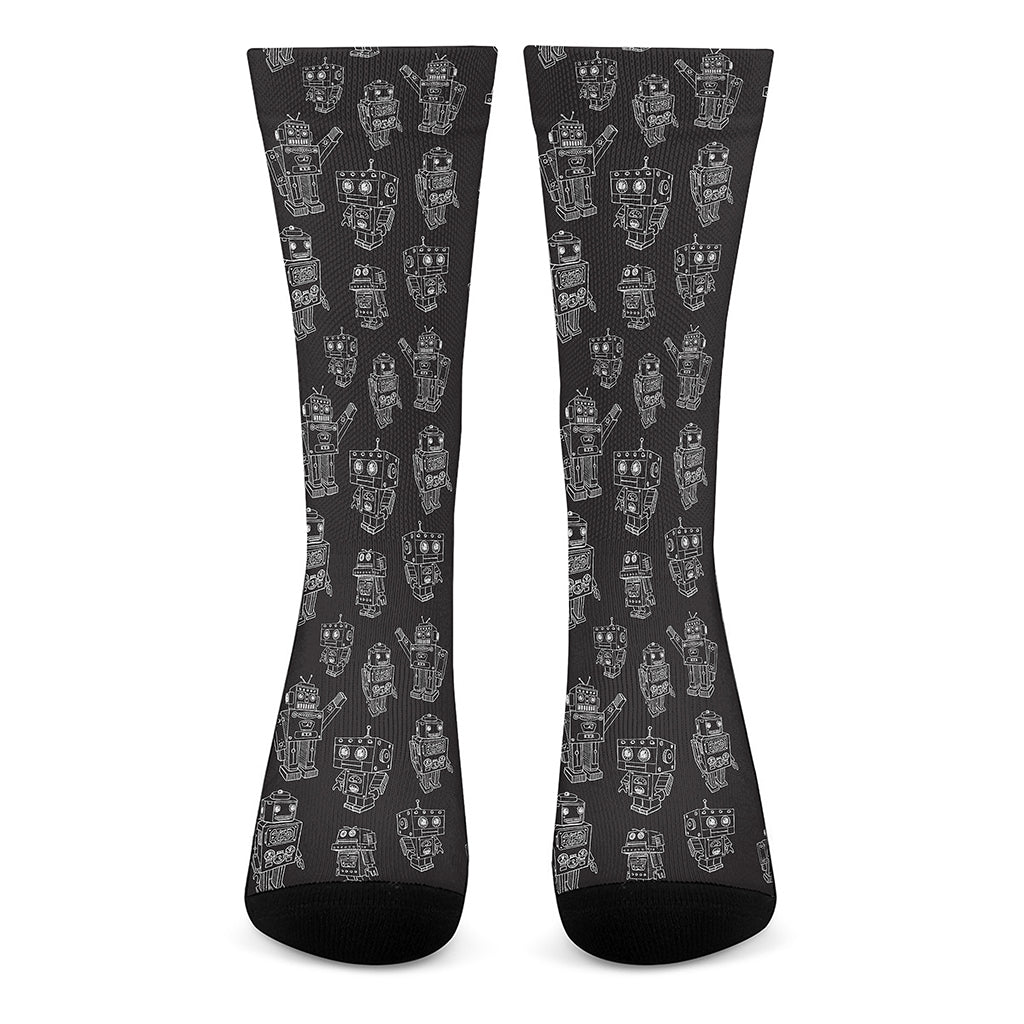 Black And White Robot Pattern Print Crew Socks