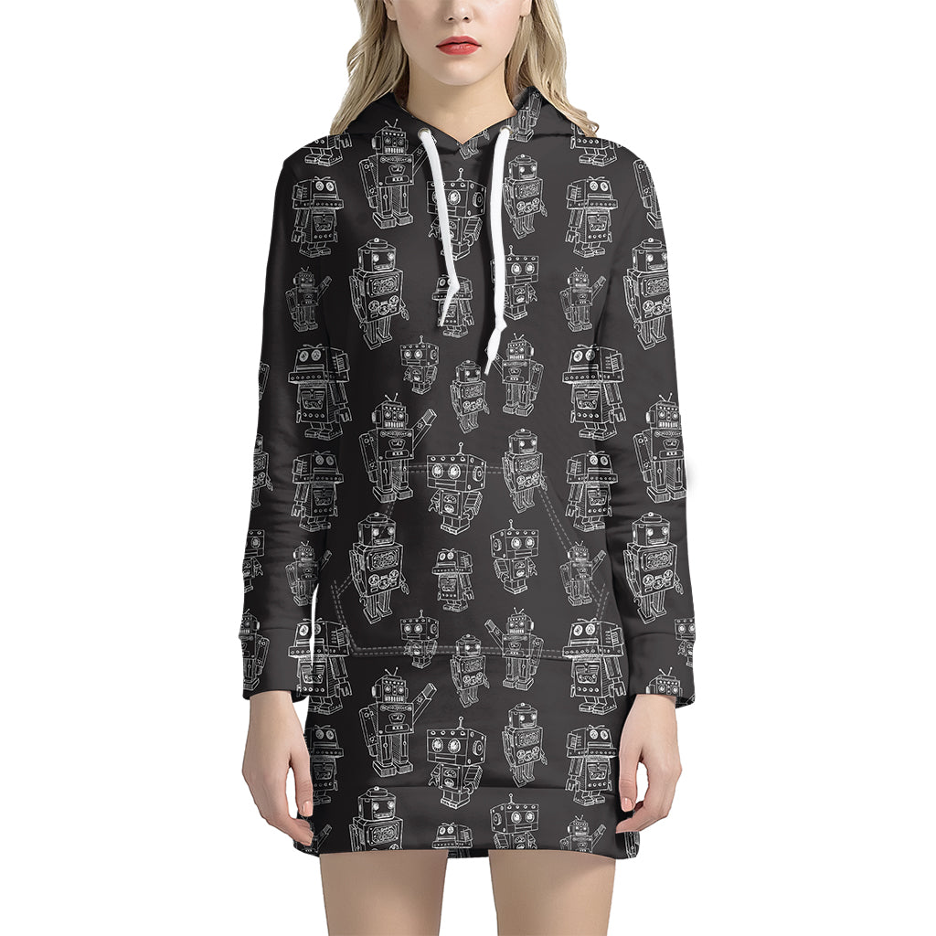 Black And White Robot Pattern Print Hoodie Dress