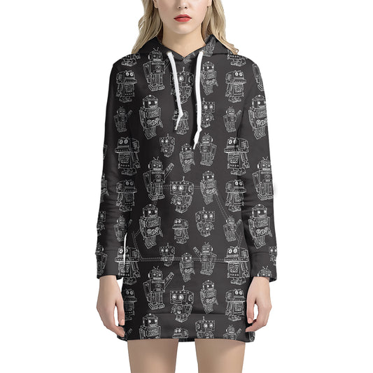 Black And White Robot Pattern Print Hoodie Dress